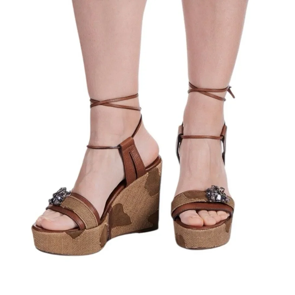 Save The Queen Vintage Women’s Wedge Heel Brown-Tan Size EU 39 US 8 Itlay